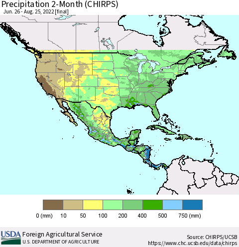North America Precipitation 2-Month (CHIRPS) Thematic Map For 6/26/2022 - 8/25/2022