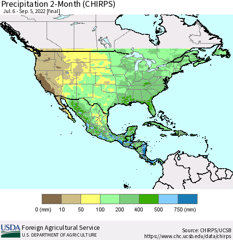 North America Precipitation 2-Month (CHIRPS) Thematic Map For 7/6/2022 - 9/5/2022