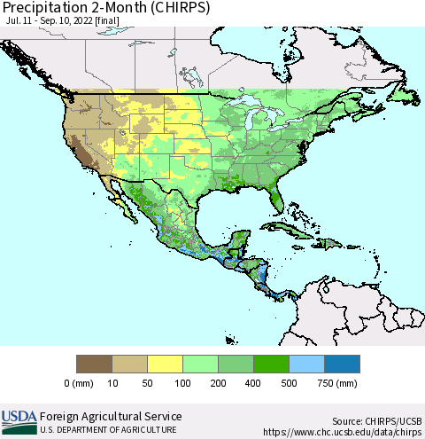 North America Precipitation 2-Month (CHIRPS) Thematic Map For 7/11/2022 - 9/10/2022