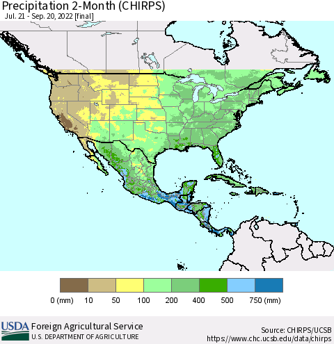 North America Precipitation 2-Month (CHIRPS) Thematic Map For 7/21/2022 - 9/20/2022