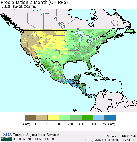 North America Precipitation 2-Month (CHIRPS) Thematic Map For 7/26/2022 - 9/25/2022