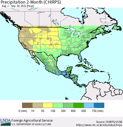 North America Precipitation 2-Month (CHIRPS) Thematic Map For 8/1/2022 - 9/30/2022