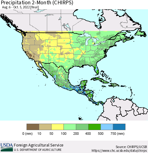 North America Precipitation 2-Month (CHIRPS) Thematic Map For 8/6/2022 - 10/5/2022