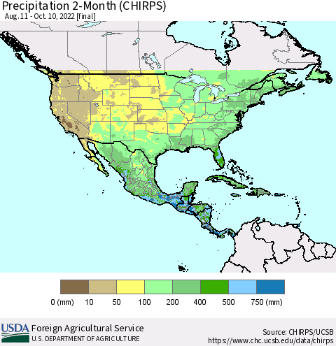 North America Precipitation 2-Month (CHIRPS) Thematic Map For 8/11/2022 - 10/10/2022