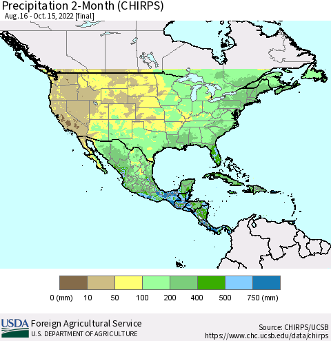 North America Precipitation 2-Month (CHIRPS) Thematic Map For 8/16/2022 - 10/15/2022