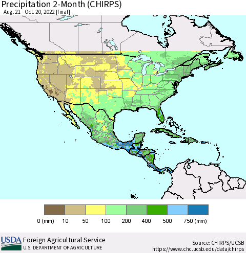 North America Precipitation 2-Month (CHIRPS) Thematic Map For 8/21/2022 - 10/20/2022