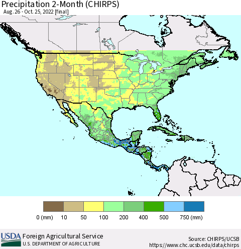 North America Precipitation 2-Month (CHIRPS) Thematic Map For 8/26/2022 - 10/25/2022