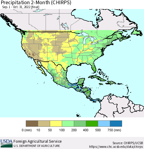 North America Precipitation 2-Month (CHIRPS) Thematic Map For 9/1/2022 - 10/31/2022