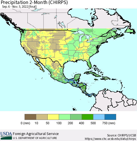 North America Precipitation 2-Month (CHIRPS) Thematic Map For 9/6/2022 - 11/5/2022