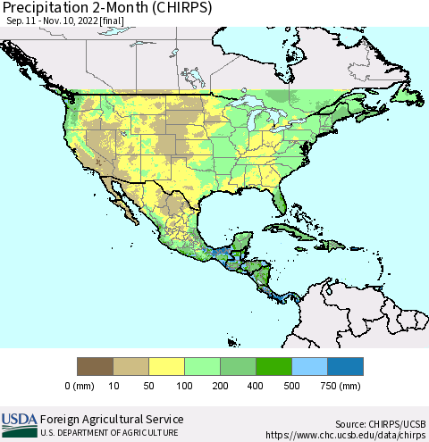 North America Precipitation 2-Month (CHIRPS) Thematic Map For 9/11/2022 - 11/10/2022