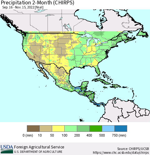 North America Precipitation 2-Month (CHIRPS) Thematic Map For 9/16/2022 - 11/15/2022