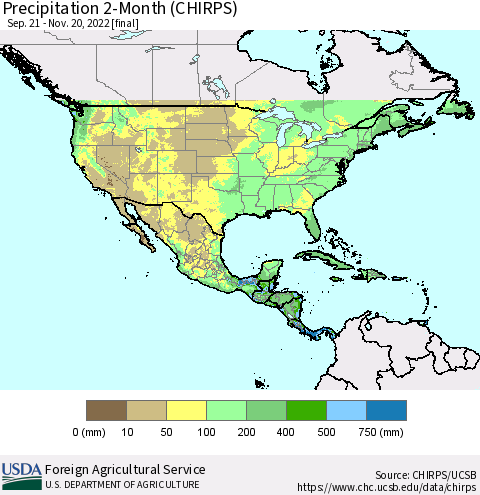 North America Precipitation 2-Month (CHIRPS) Thematic Map For 9/21/2022 - 11/20/2022