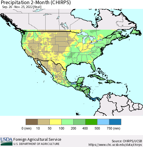 North America Precipitation 2-Month (CHIRPS) Thematic Map For 9/26/2022 - 11/25/2022