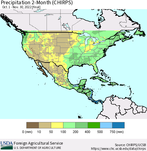 North America Precipitation 2-Month (CHIRPS) Thematic Map For 10/1/2022 - 11/30/2022