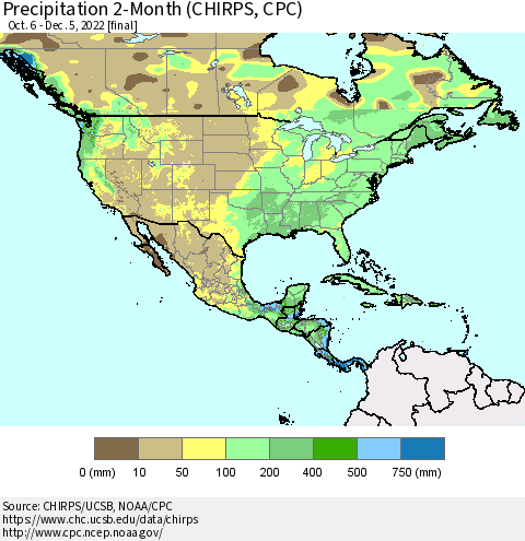 North America Precipitation 2-Month (CHIRPS) Thematic Map For 10/6/2022 - 12/5/2022