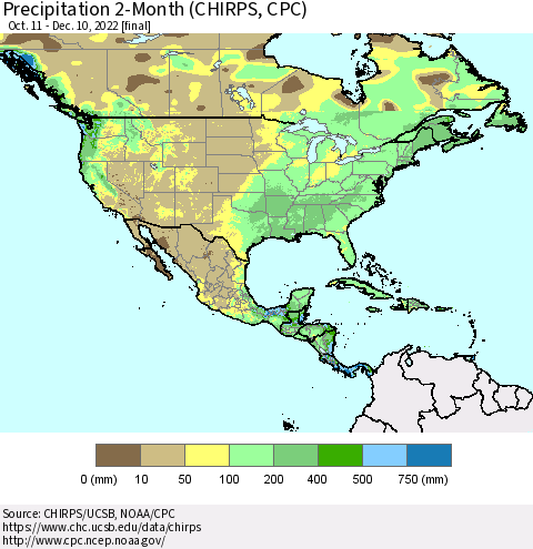 North America Precipitation 2-Month (CHIRPS) Thematic Map For 10/11/2022 - 12/10/2022