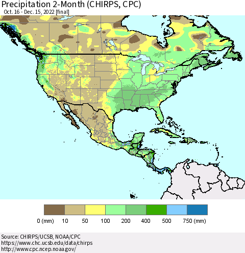 North America Precipitation 2-Month (CHIRPS) Thematic Map For 10/16/2022 - 12/15/2022
