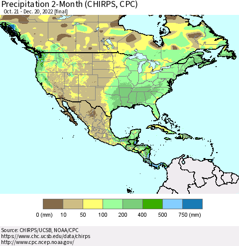 North America Precipitation 2-Month (CHIRPS) Thematic Map For 10/21/2022 - 12/20/2022