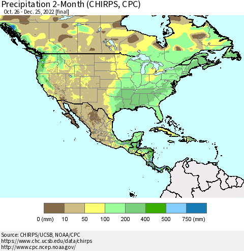 North America Precipitation 2-Month (CHIRPS) Thematic Map For 10/26/2022 - 12/25/2022