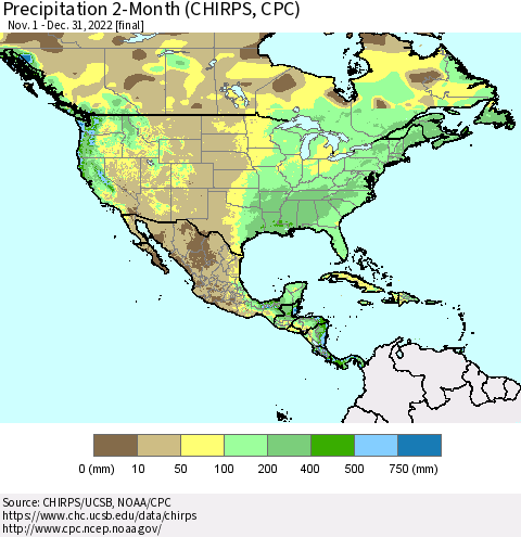 North America Precipitation 2-Month (CHIRPS) Thematic Map For 11/1/2022 - 12/31/2022