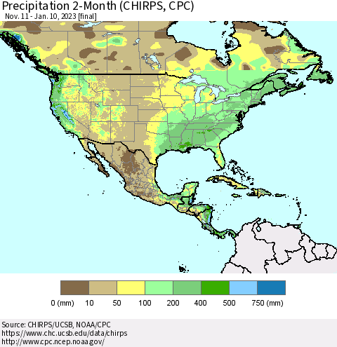 North America Precipitation 2-Month (CHIRPS) Thematic Map For 11/11/2022 - 1/10/2023