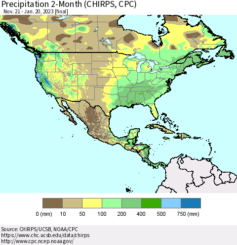 North America Precipitation 2-Month (CHIRPS) Thematic Map For 11/21/2022 - 1/20/2023