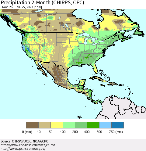 North America Precipitation 2-Month (CHIRPS) Thematic Map For 11/26/2022 - 1/25/2023