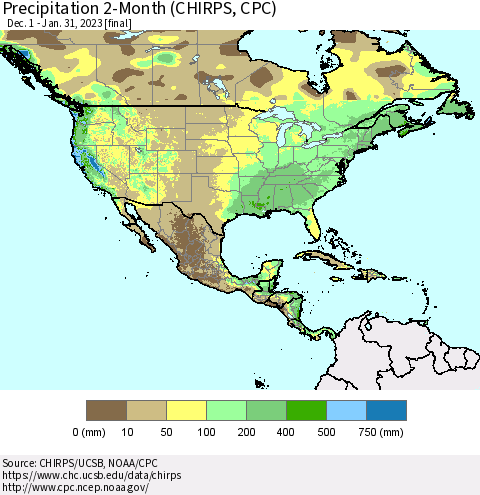North America Precipitation 2-Month (CHIRPS) Thematic Map For 12/1/2022 - 1/31/2023