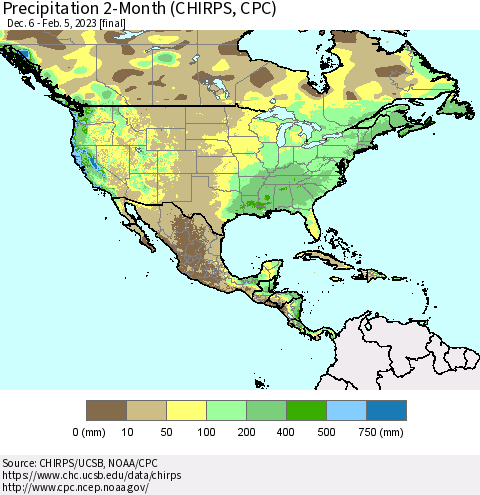North America Precipitation 2-Month (CHIRPS) Thematic Map For 12/6/2022 - 2/5/2023
