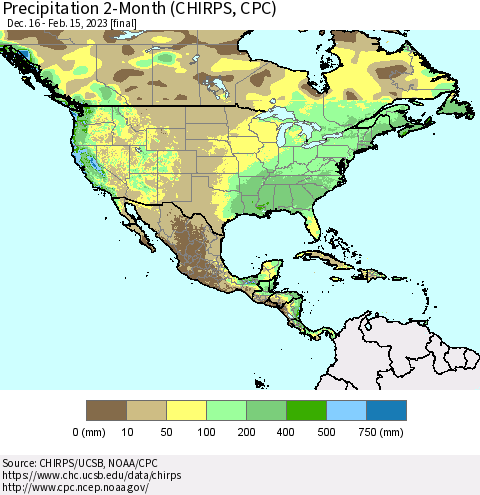 North America Precipitation 2-Month (CHIRPS) Thematic Map For 12/16/2022 - 2/15/2023