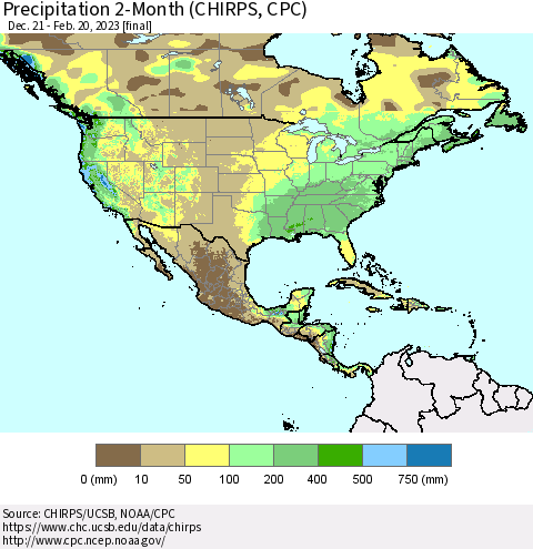 North America Precipitation 2-Month (CHIRPS) Thematic Map For 12/21/2022 - 2/20/2023