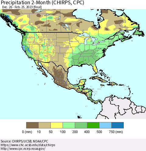 North America Precipitation 2-Month (CHIRPS) Thematic Map For 12/26/2022 - 2/25/2023