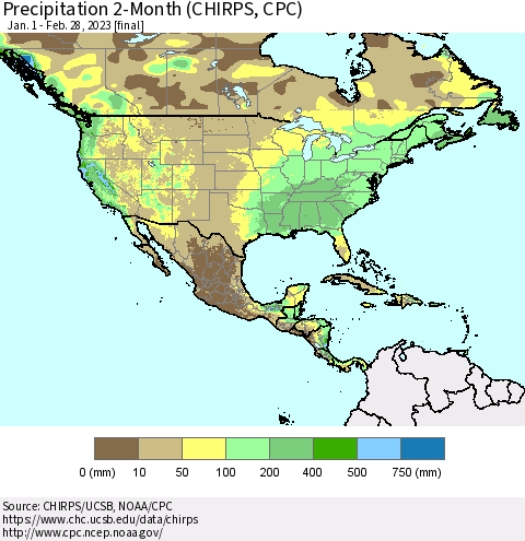 North America Precipitation 2-Month (CHIRPS) Thematic Map For 1/1/2023 - 2/28/2023