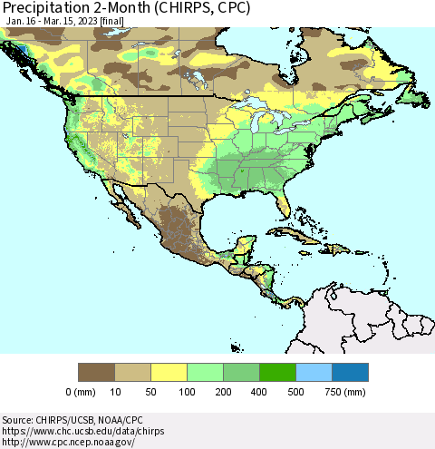 North America Precipitation 2-Month (CHIRPS) Thematic Map For 1/16/2023 - 3/15/2023
