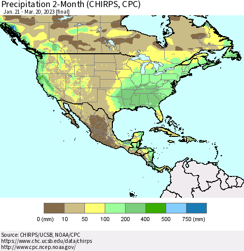 North America Precipitation 2-Month (CHIRPS) Thematic Map For 1/21/2023 - 3/20/2023