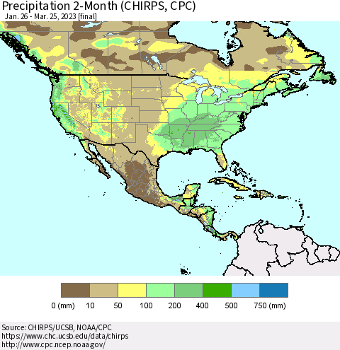 North America Precipitation 2-Month (CHIRPS) Thematic Map For 1/26/2023 - 3/25/2023