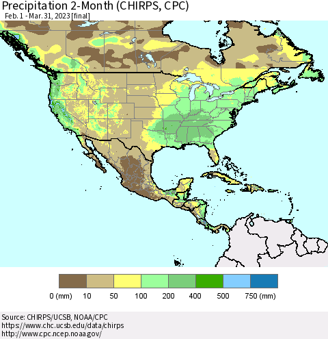 North America Precipitation 2-Month (CHIRPS) Thematic Map For 2/1/2023 - 3/31/2023