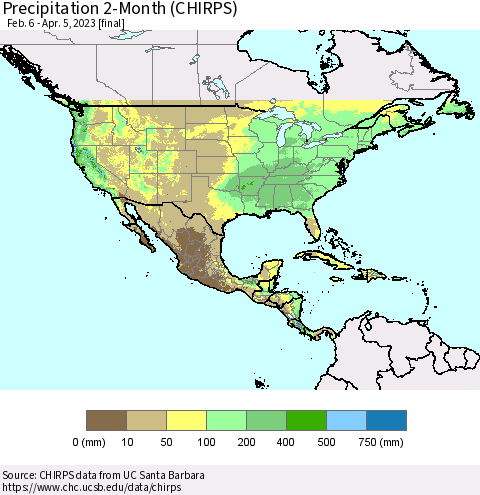 North America Precipitation 2-Month (CHIRPS) Thematic Map For 2/6/2023 - 4/5/2023