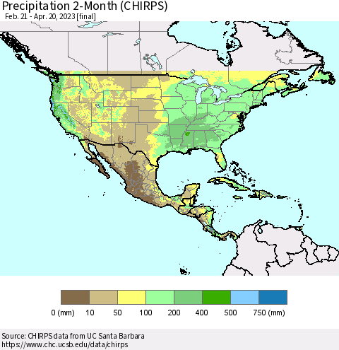 North America Precipitation 2-Month (CHIRPS) Thematic Map For 2/21/2023 - 4/20/2023