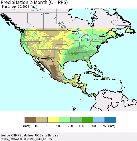North America Precipitation 2-Month (CHIRPS) Thematic Map For 3/1/2023 - 4/30/2023
