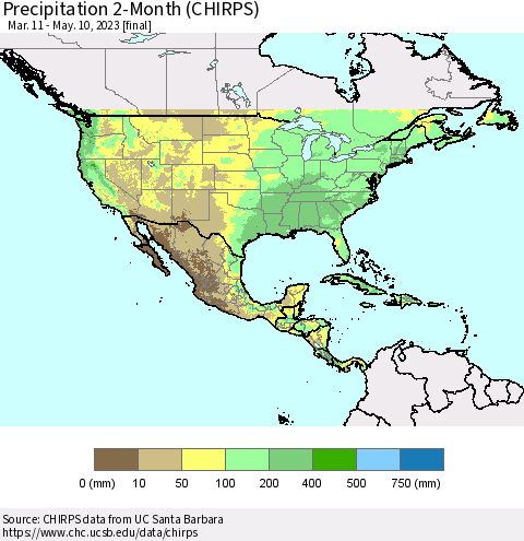 North America Precipitation 2-Month (CHIRPS) Thematic Map For 3/11/2023 - 5/10/2023