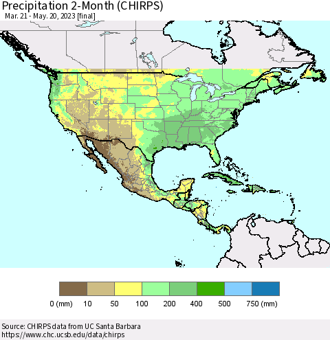 North America Precipitation 2-Month (CHIRPS) Thematic Map For 3/21/2023 - 5/20/2023