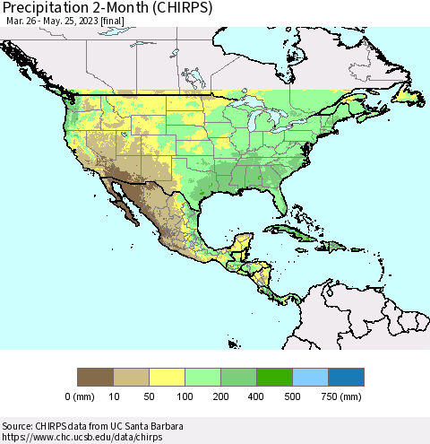 North America Precipitation 2-Month (CHIRPS) Thematic Map For 3/26/2023 - 5/25/2023