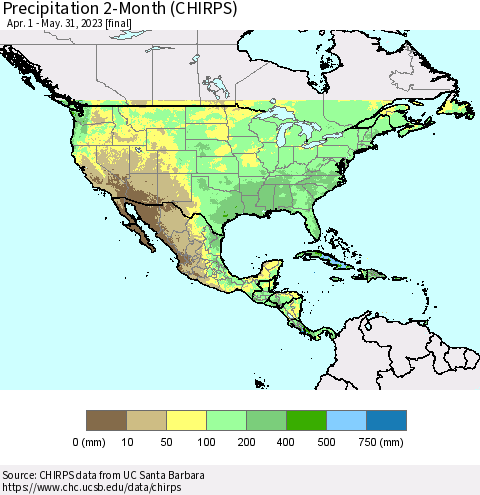 North America Precipitation 2-Month (CHIRPS) Thematic Map For 4/1/2023 - 5/31/2023