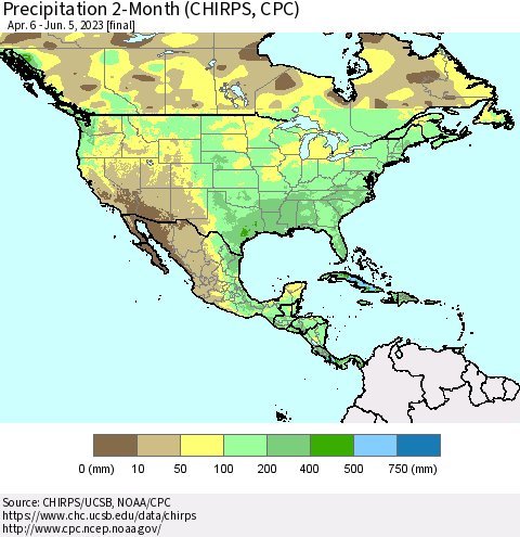 North America Precipitation 2-Month (CHIRPS) Thematic Map For 4/6/2023 - 6/5/2023