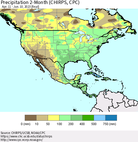 North America Precipitation 2-Month (CHIRPS) Thematic Map For 4/11/2023 - 6/10/2023