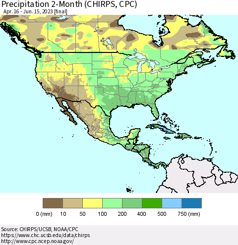 North America Precipitation 2-Month (CHIRPS) Thematic Map For 4/16/2023 - 6/15/2023