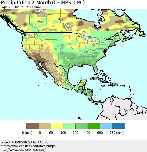 North America Precipitation 2-Month (CHIRPS) Thematic Map For 4/21/2023 - 6/20/2023