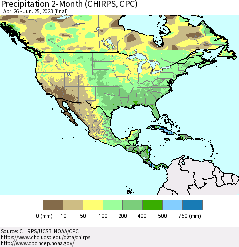North America Precipitation 2-Month (CHIRPS) Thematic Map For 4/26/2023 - 6/25/2023
