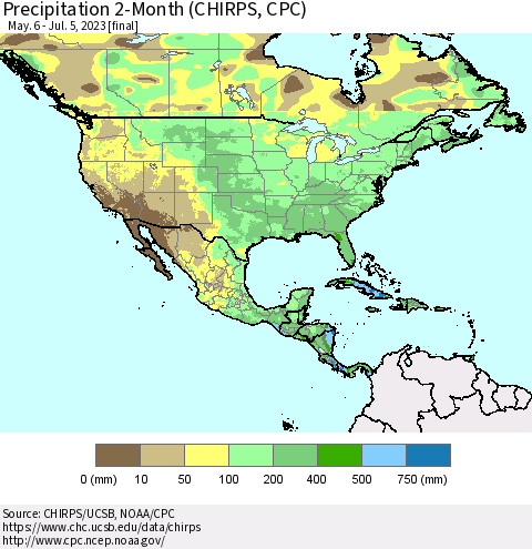 North America Precipitation 2-Month (CHIRPS) Thematic Map For 5/6/2023 - 7/5/2023